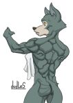 2023 anthro artist_name athletic back_muscles beastars blue_body blue_fur blue_inner_ear brown_nose butt canid canine canis drying drying_body dudles eyebrows fluffy fluffy_tail fur inner_ear_fluff legoshi_(beastars) lips long_tail looking_at_viewer looking_back male mammal multicolored_body multicolored_fur muscular muscular_anthro muscular_male nude raised_arm shaded simple_background simple_shading solo tail thick_bottom_lip thick_thighs towel tuft white_background wolf yellow_eyes