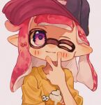  1girl baseball_cap black_headwear closed_mouth commentary_request hat highres inkling inkling_girl long_hair ochocho2828 one_eye_closed pointy_ears purple_eyes red_hair simple_background smile solo splatoon_(series) splatoon_3 tentacle_hair upper_body v white_background 