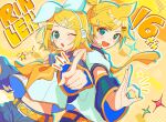  1boy 1girl :d :o absurdres anniversary arm_warmers black_sailor_collar black_shorts blonde_hair blue_eyes bow character_name hair_bow hair_ornament hairclip hand_gesture headphones headset highres kagamine_len kagamine_rin neckerchief necktie number_hair_ornament open_mouth pointing pointing_at_viewer sailor_collar shirt short_hair short_ponytail shorts siblings smile sparkle star_(symbol) taro14_tea twins vocaloid white_bow white_shirt yellow_background yellow_neckerchief yellow_necktie 