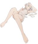 1girl absurdres barefoot breasts closed_mouth commentary convenient_leg ddari elf feet frieren full_body green_eyes highres long_hair looking_at_viewer lying medium_breasts nightgown on_back parted_bangs pointy_ears simple_background solo sousou_no_frieren toes twintails white_background white_hair 