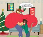 2023 anthro belly belly_kiss big_breasts bottomwear breasts brown_hair cellphone christmas christmas_tree christmas_wreath clothing copyright_symbol darrell_(kyurem2424) denim denim_bottomwear denim_clothing digital_media_(artwork) duo electronics english_text eyes_closed eyewear female furniture glasses hair hi_res holidays huge_breasts hyper hyper_breasts jane_(kyurem2424) jeans kangaroo kissing lamp macropod male mammal marsupial mustelid navel open_mouth otter pants phone plant pregnant pregnant_female rug satsumalord snowflake sofa sweater symbol text topwear tree