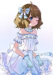  1girl :t ahoge back_bow blue_bow blue_eyes blush bow brown_hair collarbone commentary detached_collar dress frilled_sleeves frills gloves hair_bow highres idolmaster idolmaster_million_live! idolmaster_million_live!_theater_days looking_at_viewer medium_hair morizu929 official_alternate_costume one_eye_closed print_dress puffy_cheeks short_sleeves sidelocks solo suou_momoko wavy_hair white_background white_dress white_gloves 