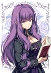  alternate_costume bangs black_bow black_dress blunt_bangs book bow breasts cleavage commentary_request dress eyebrows_visible_through_hair hair_bow highres holding holding_book large_breasts long_hair long_sleeves looking_at_viewer moneti_(daifuku) no_hat no_headwear patchouli_knowledge purple_eyes purple_hair solo touhou upper_body 