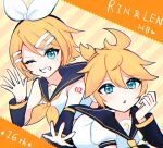  1boy 1girl anniversary arm_warmers black_sailor_collar blonde_hair blue_eyes bow fang hair_bow hair_ornament hairclip happy_birthday headphones headset heart kagamine_len kagamine_rin monitaros_393 neckerchief necktie one_eye_closed sailor_collar short_hair short_ponytail siblings smile striped striped_background teeth triangle_mouth twins vocaloid waving white_bow yellow_neckerchief yellow_necktie 