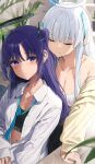  2girls blue_archive blue_necktie blush breasts buttons cardigan cleavage closed_eyes closed_mouth collared_shirt grey_hair halo highres indoors large_breasts long_hair mechanical_halo medium_breasts multiple_girls necktie noa_(blue_archive) noeru open_clothes open_shirt purple_eyes purple_hair shirt smile two_side_up white_shirt yellow_cardigan yuuka_(blue_archive) 
