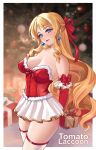  1girl alternate_costume artist_name blonde_hair blue_eyes blurry blurry_background box breasts christmas_ornaments christmas_tree collarbone commentary_request drill_hair drill_sidelocks drop_earrings earrings elbow_gloves fur-trimmed_leotard fur_trim genshin_impact gift gift_box gloves hair_ribbon highres holding holding_gift jewelry large_breasts leotard lingerie long_hair looking_at_viewer navia_(genshin_impact) red_gloves red_leotard red_lips red_ribbon ribbon sidelocks smile solo standing strapless strapless_leotard thighhighs thighs tomatolacoon underwear white_thighhighs 