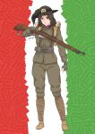  1girl absurdres bolt_action brown_eyes brown_hair charm_(object) eula_(genshin_impact) flag_background gun highres holding holding_weapon italian_flag italy load_bearing_vest military military_uniform rafael_(rafa_w73) rifle uniform weapon world_war_i 