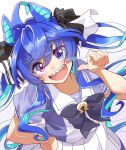  1girl absurdres ahoge animal_ears aqua_hair black_bow black_bowtie black_ribbon blue_eyes blue_hair bow bowtie commentary crossed_bangs daiwa_uho hair_ribbon hand_on_own_hip heterochromia highres horse_ears horse_girl horse_tail long_hair looking_at_viewer multicolored_hair open_mouth pleated_skirt pointing pointing_at_self pointing_at_viewer puffy_short_sleeves puffy_sleeves purple_eyes purple_shirt ribbon sailor_collar sharp_teeth shirt short_sleeves sidelocks skirt smile solo standing tail teeth twin_turbo_(umamusume) twintails twitter_username two-tone_hair umamusume white_sailor_collar white_skirt 