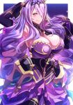  1girl absurdres armpits breasts camilla_(alluring_darkness)_(fire_emblem) camilla_(fire_emblem) cleavage closed_mouth fire_emblem fire_emblem_fates fire_emblem_heroes gloves hair_over_one_eye highres large_breasts long_hair looking_at_viewer official_alternate_costume purple_eyes purple_gloves purple_hair smile solo to_(tototo_tk) very_long_hair 