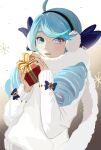  1girl ahoge blue_eyes blue_hair blue_ribbon blush christmas christmas_present drill_hair gift gwen_(league_of_legends) highres holding holding_gift league_of_legends long_hair ribbon scarf shirt smile solo twin_drills twintails white_scarf white_shirt 