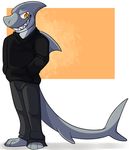  2017 anthro big_tail clothed clothing evil_grin fin fish grey_skin grin looking_at_viewer male marine orange_eyes pants rindeadsong rudy_thompson shark smile solo standing sweater teeth 