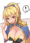  1girl bangs blonde_hair blush bodypaint breasts capelet dripping epaulettes eyebrows_visible_through_hair green_eyes heart heart-shaped_pupils highres large_breasts leaning_forward long_hair looking_at_viewer open_mouth ponytail saliva salute smile solo stmaster symbol-shaped_pupils tears upper_body vanguard_(zhan_jian_shao_nyu) zhan_jian_shao_nyu 
