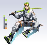  1boy bad_id bad_twitter_id belt black_footwear closed_mouth fingerless_gloves full_body genji_(overwatch) gloves goggles green_eyes green_hair grey_background hage2013 holding holding_weapon jacket katana overwatch pants shoes short_hair simple_background sitting sneakers solo spiked_hair sword weapon 