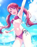  1girl alternate_hairstyle arm_up armpits bare_arms bikini blue_sky bracelet cloud cowboy_shot day earrings floating_hair floral_print highres hijiri_ageha hirogaru_sky!_precure jewelry kyoutsuugengo long_hair multi-strapped_bikini_bottom nail_polish navel open_mouth outdoors precure print_bikini purple_eyes red_bikini red_hair red_nails side-tie_bikini_bottom sky solo sparkle standing summer sunlight swimsuit twintails very_long_hair wading 