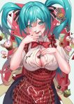  1girl alternate_breast_size apron black_skirt blue_eyes blue_hair blue_nails breasts button_gap chocolate chocolate_on_face cleavage collared_shirt dress_shirt floating_hair food food_on_face gradient_hair hair_between_eyes hatsune_miku heart heart-shaped_pupils highres inue_ao large_breasts long_hair looking_at_viewer multicolored_hair nail_polish open_mouth partially_unbuttoned pink_hair plaid plaid_apron red_apron shirt short_sleeves skirt solo symbol-shaped_pupils vocaloid white_shirt wing_collar 