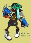  1girl aqua_hair black_shorts closed_mouth commentary_request commission full_body glooga_dualies_(splatoon) green_headwear gun highres holding holding_gun holding_weapon inkling inkling_girl long_hair orange_eyes pointy_ears print_headwear shoes shorts simple_background smile solo splatoon_(series) splatoon_3 tentacle_hair visor_cap weapon white_footwear xdies_ds yellow_background 