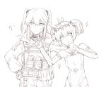  2girls ammunition_pouch bandaid bandaid_on_cheek bandaid_on_face beizhi belt_pouch bodysuit commandant_(punishing:_gray_raven) hair_between_eyes long_hair long_sleeves monochrome multiple_girls nanami:_starfarer_(punishing:_gray_raven) nanami_(punishing:_gray_raven) pouch punishing:_gray_raven side_ponytail sidelocks spacesuit tiara twintails two_side_up v 