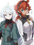  2girls absurdres blaze_(blazeillust) closed_mouth dark-skinned_female dark_skin flying_sweatdrops green_eyes grey_eyes grey_hair gundam gundam_suisei_no_majo hair_between_eyes highres long_hair looking_at_viewer miorine_rembran multiple_girls open_mouth red_hair suletta_mercury thick_eyebrows 