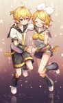  1boy 1girl anniversary arm_tattoo arm_warmers bare_shoulders belt black_sailor_collar blonde_hair blue_eyes blush bow closed_eyes closed_mouth gradient_background grey_sailor_collar grey_shorts hair_bow hair_ornament hairclip hand_on_another&#039;s_shoulder headphones headset highres holding_hands kagamine_len kagamine_rin leg_warmers light_particles neckerchief necktie number_tattoo open_mouth puffy_short_sleeves puffy_sleeves reflective_floor sailor_collar sazanami_(ripple1996) shirt short_hair short_sleeves shorts siblings smile star_(symbol) tattoo twins vocaloid white_bow white_footwear white_shirt yellow_belt yellow_bow yellow_nails yellow_neckerchief yellow_necktie 