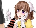  1girl bar_censor blend_s blush brown_hair censored erection eyebrows_visible_through_hair fork gloves hair_between_eyes hair_ribbon head_scarf holding holding_fork hoshikawa_mafuyu maid maid_headdress open_mouth penis purple_eyes ribbon rocha_(aloha_ro_cha) simple_background solo_focus stile_uniform teeth trembling white_background white_gloves 