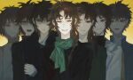  6+boys black_jacket black_sweater blue_jacket braid brown_hair closed_eyes closed_mouth commentary_request frown gradient_background green_scarf green_shirt harada_minoru heyao79422 highres jacket long_hair long_sleeves male_focus multiple_boys multiple_persona open_clothes open_jacket open_mouth parted_bangs saibou_shinkyoku scar scar_on_face scar_on_forehead scarf shirt short_hair shouting side_braid simple_background smile sweater time_paradox turtleneck turtleneck_sweater yellow_background yellow_shirt 
