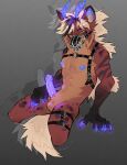 2023 anthro artist_name black_harness blonde_hair brown_body brown_fur brown_spots catatau_6 catatex_69 cheek_tuft claws countershading digital_media_(artwork) erection facial_tuft fur genitals glans gloves_(marking) glowing glowing_claws glowing_genitalia glowing_horn glowing_pawpads glowing_penis gradient_background green_eyes grey_background hair hand_on_ground harness hi_res horn humanoid_genitalia humanoid_penis kneeling male markings mostly_nude muzzle_(object) muzzled nipples orange_body orange_countershading orange_fur orange_sclera pawpads penis portrait purple_claws purple_glans purple_horn purple_inner_ear purple_nipples purple_pawpads simple_background sitting solo spots spotted_body spotted_fur striped_body striped_fur stripes tail tail_tuft tan_body tan_fur tan_hair tan_tail three-quarter_portrait tuft