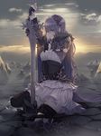  arms_up bangs black_legwear blue_eyes cape cecil86 dress eyebrows_visible_through_hair full_body grey_hair grey_sky hair_ornament hair_over_eyes highres long_hair looking_away original serious sitting sky solo sword very_long_hair wariza wavy_mouth weapon 