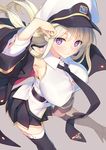  armpits azur_lane bangs black_legwear blonde_hair blush breasts commentary_request covered_nipples enterprise_(azur_lane) from_above hat large_breasts long_hair looking_at_viewer miniskirt necktie peaked_cap pleated_skirt purple_eyes shirt skirt sleeveless sleeveless_shirt smile solo standing tatami_to_hinoki thighhighs very_long_hair 