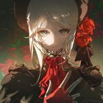  1girl ascot bloodborne blue_eyes bonnet brown_cloak cloak closed_mouth doll doll_joints fingerless_gloves flower gloves highres joints looking_at_viewer parted_bangs plain_doll red_ascot red_gloves satsuya solo upper_body white_hair 
