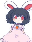  1girl :3 animal_ears black_hair blush chahan_(fried_rice0614) chibi collar cowboy_shot dress frilled_collar frilled_dress frilled_sleeves frills highres inaba_tewi looking_at_viewer pink_dress puffy_short_sleeves puffy_sleeves rabbit_ears rabbit_girl red_eyes red_ribbon ribbon ribbon-trimmed_collar ribbon-trimmed_sleeves ribbon_trim short_hair short_sleeves simple_background solo touhou white_background 