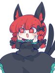  1girl :d animal_ear_fluff animal_ears black_bow black_shirt black_skirt bow braid cat_ears cat_girl cat_tail chahan_(fried_rice0614) chibi collar commentary_request cowboy_shot fang frilled_collar frilled_skirt frilled_sleeves frills green_trim hair_bow hands_on_own_cheeks hands_on_own_face highres kaenbyou_rin medium_hair multiple_tails open_mouth red_eyes red_hair shirt simple_background skirt skirt_set smile solo sparkling_eyes tail tail_raised touhou twin_braids two_tails white_background 
