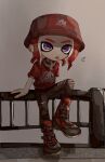  1boy :p boots commentary_request full_body hat hwtr_06 medium_hair octoling octoling_boy print_shirt purple_eyes red_footwear red_hair red_headwear red_shirt shirt sitting sitting_on_fence solo splatoon_(series) tentacle_hair tongue tongue_out 