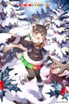  1girl animal_ears boots christmas christmas_tree copyright_name deer_ears deer_girl deer_tail extra_ears gloves green_eyes grey_hair heterochromia highres horns jacket kemono_friends kemono_friends_kingdom long_hair looking_at_viewer nature official_art outdoors pantyhose red_eyes reindeer_(kemono_friends) ribbon skirt snow solo tail twintails weapon 