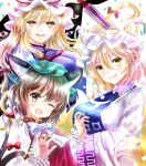  3girls :d ;d animal_ear_piercing blonde_hair bow bowtie brown_eyes brown_hair chen claw_pose closed_mouth commentary_request earrings gap_(touhou) hair_between_eyes hair_ribbon hajike_akira hand_fan hands_up hat highres holding holding_fan jewelry long_hair mob_cap multiple_girls nail_polish one_eye_closed open_mouth red_nails ribbon short_hair single_earring smile touhou tress_ribbon very_long_hair white_bow white_bowtie yakumo_ran yakumo_yukari yellow_eyes 