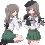  1girl alternate_costume black_gloves black_socks blush closed_mouth girls_und_panzer gloves green_skirt highres long_hair looking_at_viewer multiple_views ooarai_school_uniform pleated_skirt ri_(qrcode) school_uniform seiza shimada_chiyo sitting skirt smile socks solo 