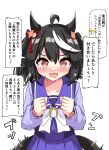  1girl @_@ absurdres ahoge animal_ears blush breasts clenched_hands collarbone commentary_request gryebooks hair_between_eyes hair_ornament highres horse_ears horse_girl horse_tail kitasan_black_(umamusume) looking_at_viewer open_mouth school_uniform sweat tail tail_wagging tracen_school_uniform umamusume white_background 