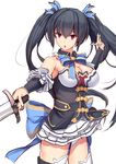  :o bare_shoulders black_hair blue_ribbon breasts cleavage daiaru detached_collar detached_sleeves garter_straps hair_ribbon holding holding_sword holding_weapon long_hair looking_at_viewer medium_breasts neptune_(series) noire red_eyes ribbon skirt solo sword thighhighs twintails weapon white_skirt 
