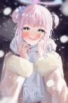  1girl blue_archive blush coat double_bun fur-trimmed_sleeves fur_trim hair_bun halo highres kazu_(kauk3753) long_sleeves looking_at_viewer mika_(blue_archive) open_mouth pink_hair pink_halo scarf short_hair smile solo white_coat white_scarf yellow_eyes 
