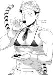  1boy abs animal_ears apron bara bra ccccc_(jpn_m0) covered_nipples detached_collar facial_mark food frilled_apron frills fruit greyscale highres holding holding_food itadori_yuuji jujutsu_kaisen large_pectorals looking_at_viewer male_focus monochrome muscular muscular_male necktie pectorals short_hair simple_background solo strawberry tail tiger_boy tiger_ears tiger_tail translation_request twitter_username underwear waist_apron 