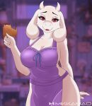 5_fingers annoying_dog_(undertale) anthro apron apron_only big_breasts bovid breasts caprine chubby_female clothing cookie female fingers floppy_ears food front_view fur goat horn mammal mikkamao open_mouth open_smile purple_clothing red_eyes smile solo toriel undertale undertale_(series) white_body white_fur white_horn