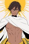  brown_hair cape closed_mouth dark_skin dark_skinned_male earrings fate/grand_order fate/prototype fate/prototype:_fragments_of_blue_and_silver fate_(series) grey_background hair_between_eyes jewelry male_focus navel nipples ozymandias_(fate) smile solo standing sun tenobe upper_body white_cape yellow_eyes 