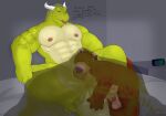 anthro anus balls bear bed bedding big_dom_small_sub blanket dialogue dominant dragon duo dutch_oven fart fart_cloud fart_fetish furniture genitals horn ivory-dove male mammal muscular muscular_male nude oral penis reptilian_tail size_difference slightly_chubby smelly thick_thighs