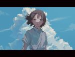  1girl blue_sky brown_eyes brown_hair character_request check_character closed_mouth cloud collared_shirt commentary_request cumulonimbus_cloud dress_shirt expressionless floating_hair hide_tani highres kurai_heya letterboxed looking_at_viewer oshigawa_keiko outdoors shirt short_hair short_sleeves sky solo upper_body white_shirt 