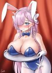  1girl animal_ears azur_lane bare_shoulders blue_eyes blush breast_rest breasts breasts_on_tray carried_breast_rest carrying cleavage detached_collar frilled_leotard frills gloves gzanth hair_over_one_eye highres large_breasts leotard long_hair louisville_(an_order_of_dreams)_(azur_lane) louisville_(azur_lane) official_alternate_costume pantyhose pink_hair playboy_bunny white_gloves white_pantyhose 