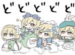  &gt;_o angeltype animal animal_on_head beret blonde_hair blush_stickers bow braid brown_eyes bunny bunny_on_head djeeta_(granblue_fantasy) drum_master_(granblue_fantasy) elysian_(granblue_fantasy) french_braid granblue_fantasy gun hair_bow hat hawkeye_(granblue_fantasy) headband idol_clothes idolmaster idolmaster_cinderella_girls jitome kimi_to_boku_no_mirai multiple_girls necktie on_head one_eye_closed open_mouth pina_korata sarashi short_hair smile tongue tongue_out weapon 