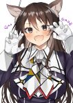  1girl animal_ears ashigara_(kancolle) blush breasts brown_eyes brown_hair fang gloves hair_between_eyes highres jacket kantai_collection large_breasts long_hair long_sleeves looking_at_viewer open_mouth purple_jacket simple_background skin_fang smile solo toriniku_senshi_chikinman upper_body white_background white_gloves wolf_ears 