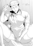  1boy bara blush bulge ccccc_(jpn_m0) condom condom_in_mouth condom_wrapper covering_crotch covering_privates dress erection erection_under_clothes facial_mark gloves greyscale hat highres holding indoors itadori_yuuji jujutsu_kaisen looking_at_viewer male_focus monochrome mouth_hold muscular muscular_male nurse_cap short_hair solo spread_legs stethoscope thighhighs translation_request twitter_username 