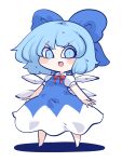  1girl :o aqua_eyes aqua_hair barefoot blue_bow blue_dress blush bow chahan_(fried_rice0614) chibi cirno collared_shirt commentary dress full_body hair_bow highres ice ice_wings looking_at_viewer neck_ribbon open_mouth pinafore_dress puffy_short_sleeves puffy_sleeves red_ribbon ribbon shadow shirt short_hair short_sleeves simple_background sleeveless sleeveless_dress solo standing touhou two-tone_dress white_background white_dress white_shirt wings 