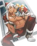  1boy abs absurdres bag bara bare_pectorals beard_stubble bow closed_mouth fur-trimmed_gloves fur-trimmed_jacket fur_trim gift_bag gloves hat highres holding holding_bag jacket jewelry large_pectorals looking_at_viewer male_focus muscular muscular_male navel original pectorals pendant pubic_hair pubic_hair_peek santa_costume santa_hat shoes short_sleeves sitting_in_window sneakers snowing solo white_hair yellow_eyes zhuganchangjiadan 