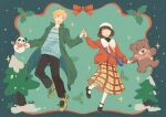  1boy 1girl aqua_background artist_name bag beanie black_footwear black_hair black_pants blonde_hair blue_bag blue_sweater bob_cut border brown_eyes buttons cardigan christmas christmas_tree closed_eyes coat earrings frilled_shirt_collar frills full_body green_background green_coat green_footwear hair_ornament hairclip halftone halftone_background hand_up happy hat height_difference high_collar holding_hands holly iwakura_mitsumi jewelry lapels laughing light_blush long_skirt looking_at_another looking_to_the_side mary_janes messy_hair mittens open_clothes open_coat open_mouth pants pink_mittens pink_scarf plaid plaid_skirt polka_dot polka_dot_scarf pom_pom_(clothes) pom_pom_earrings red_border red_cardigan red_ribbon ribbon scarf shima_sousuke shoes short_hair shoulder_bag side-by-side simple_background skip_to_loafer skirt smile sneakers snow snowing sparkle standing standing_on_one_leg stuffed_animal stuffed_panda stuffed_toy sunio0202 sweater swept_bangs tareme teddy_bear tree two-tone_background white_headwear white_ribbon yellow_skirt 
